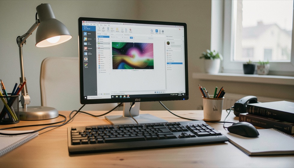 Arbeitsplatz: Monitor, Tastatur, Kabel und Licht so anordnen, dass Technik im Alltag nicht im Weg steht.