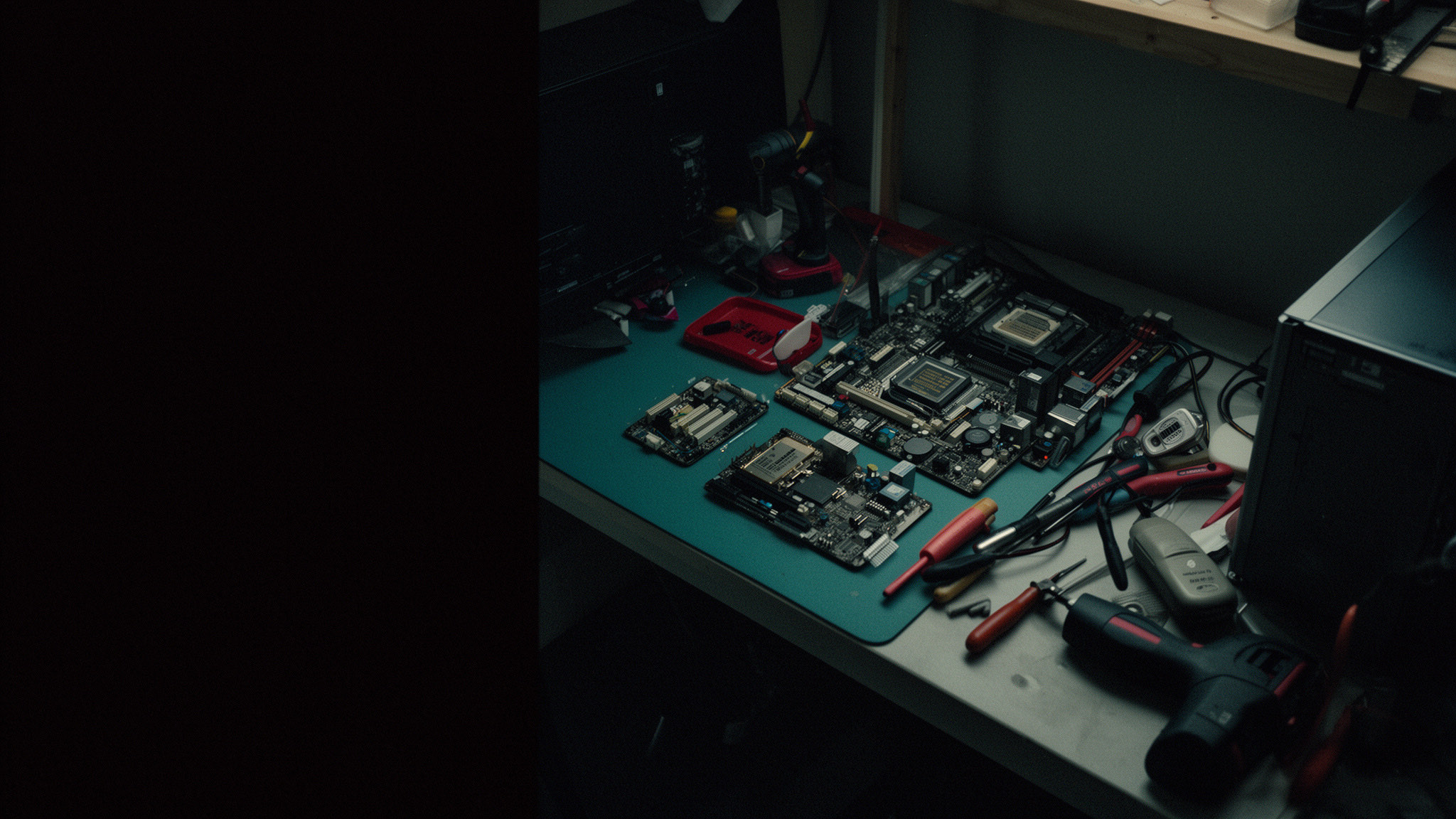 Mehrere Mainboards und Reparaturwerkzeuge liegen auf einer dunklen Elektronikwerkbank